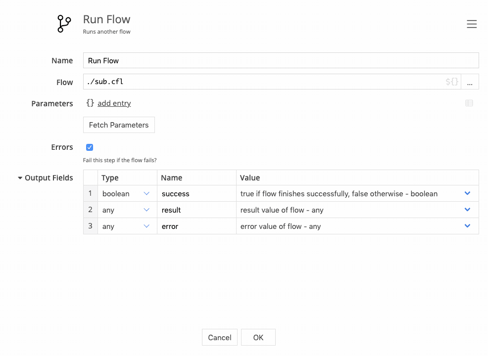 Running a sub-flow allows you to set its parameters, and capture its return value